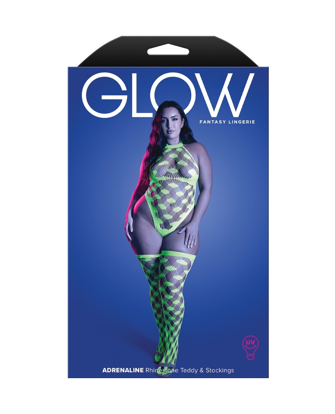 Packaging box for GLOW brand 'Adrenaline' fluorescent green patterned teddy and thigh-high stockings, featuring a model photo on a blue background.