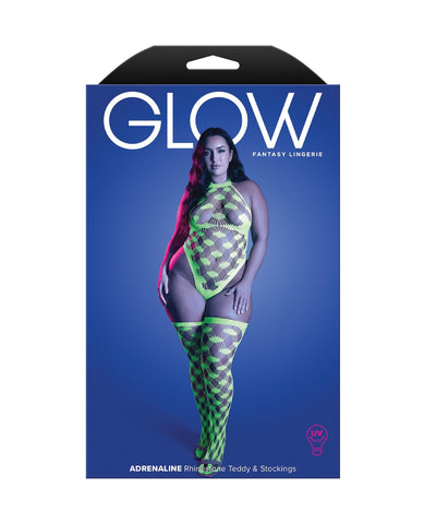 Packaging box for GLOW brand 'Adrenaline' fluorescent green patterned teddy and thigh-high stockings, featuring a model photo on a blue background.