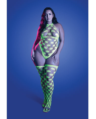 A model wearing a neon green checkered halter bodysuit and matching thigh-high stockings, posed against a blue gradient studio background.