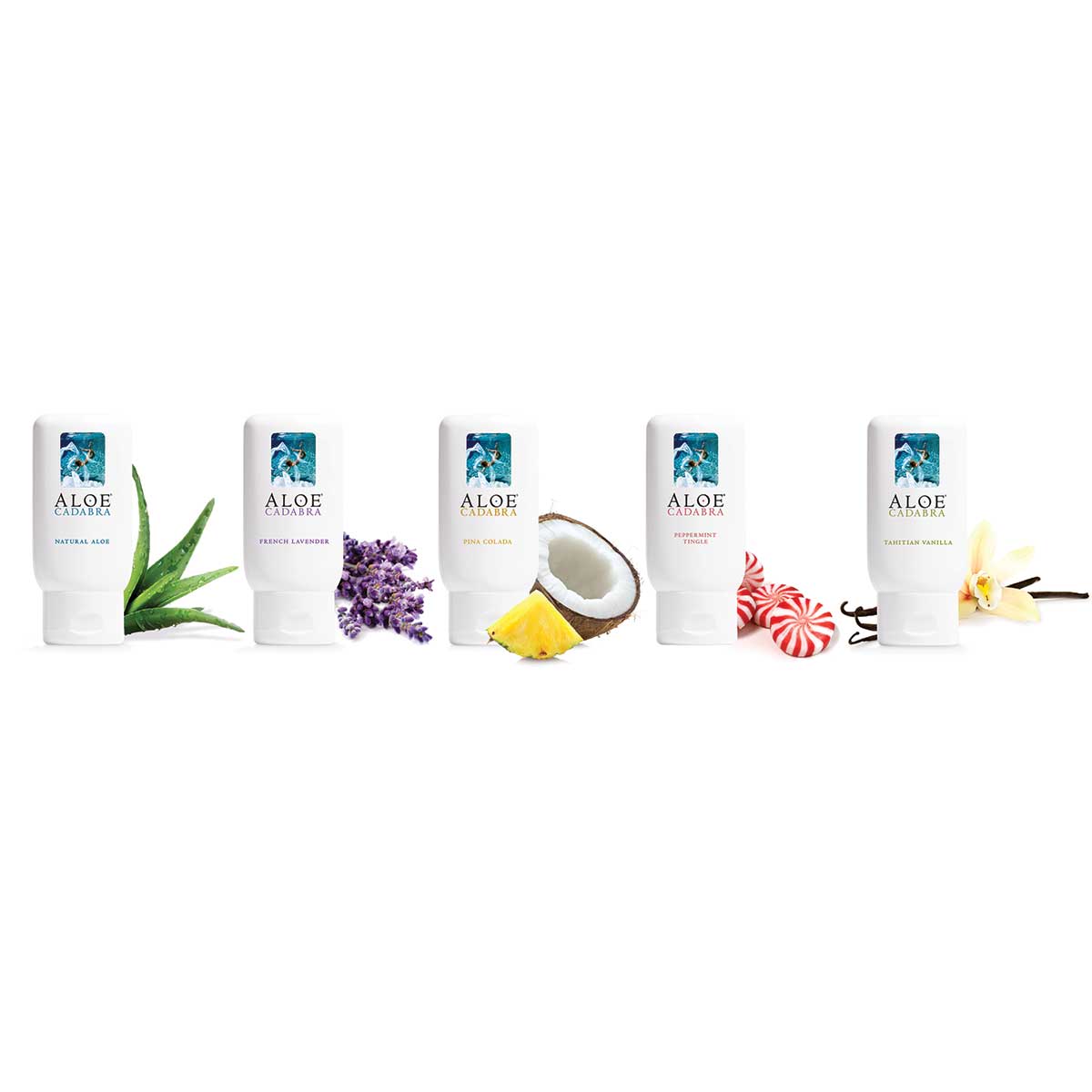Set of Aloe vera products with various flavors on a white background