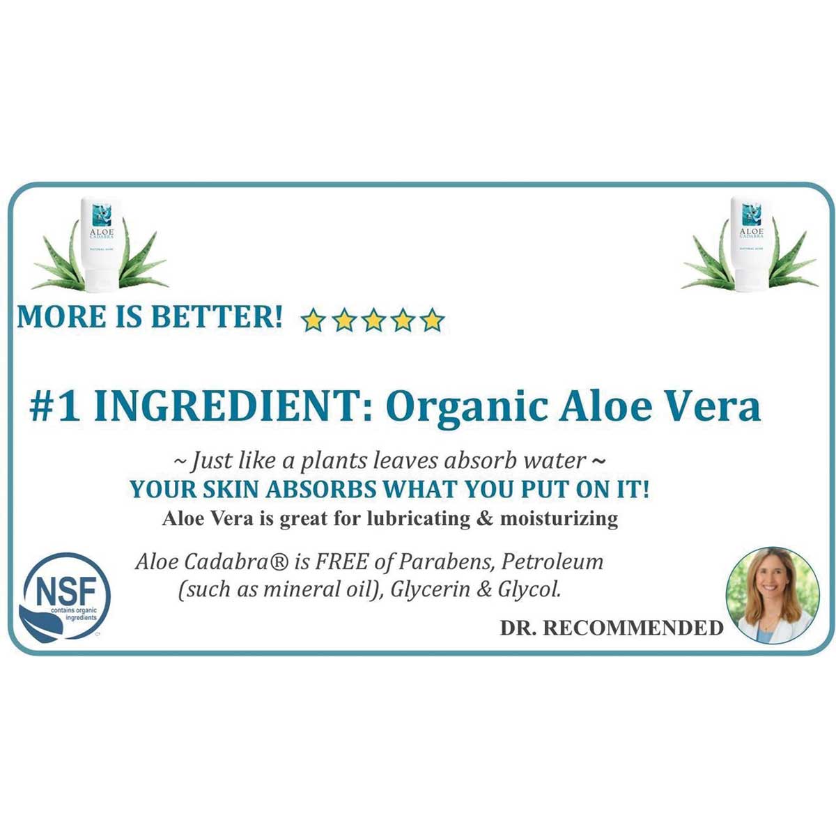 Product label for Aloe Vera lube with text about its benefits and ingredients on a white background.