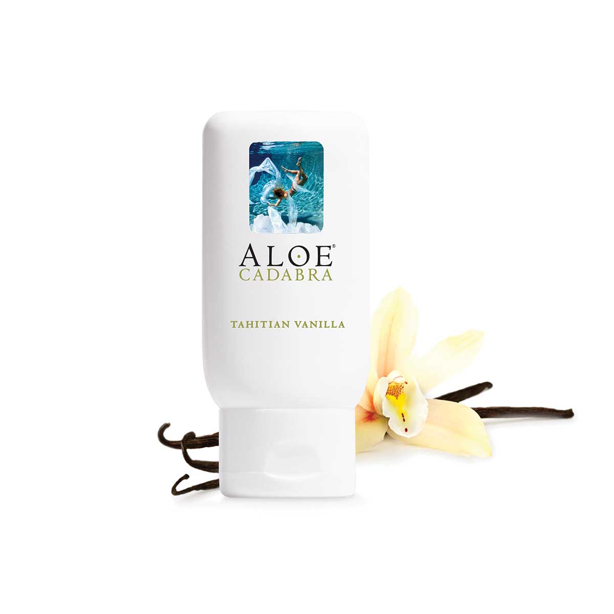 Aloe Cadabra Vanilla product with vanilla flower and pod on a white background