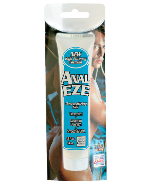Anal Eze desensitizing gel packaging with a person partially visible on a white background