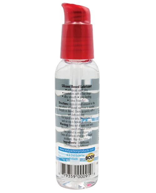 Bottle of silicone-based lubricant with a red cap on a white background