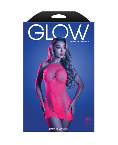 Packaging box for GLOW Fantasy Lingerie by Back It Up Dress, featuring a model wearing a pink mesh bodysuit against a blue background.