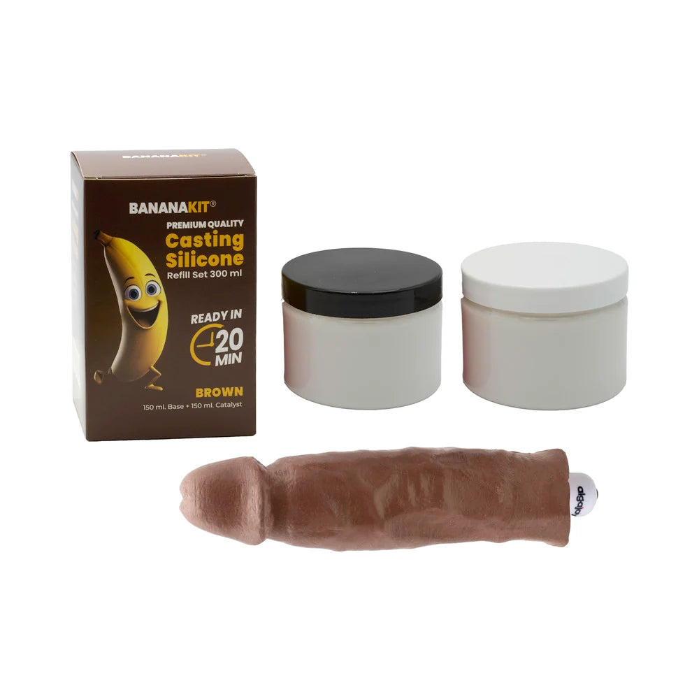 Banana-shaped casting silicone set with containers and packaging on a white background