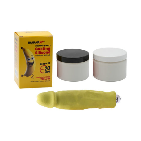 Banana-shaped casting silicone kit with packaging on a white background