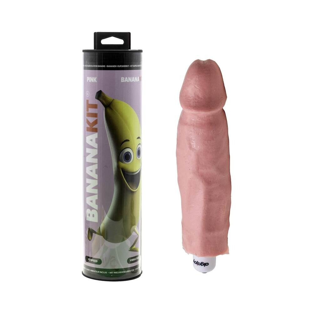 A novelty dildo in pink, shown next to its black and lavender packaging cylinder on a white background.