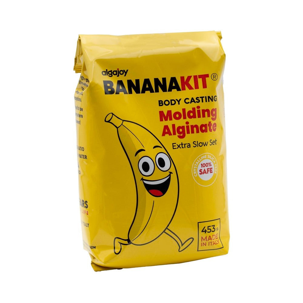A yellow bag of algajoy BANANA KIT Body Casting Molding Alginate, featuring a cartoon banana character on the front, set against a plain white background.