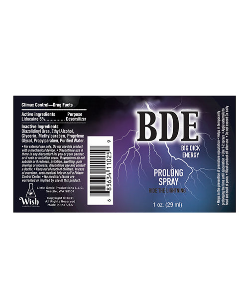Label of BDE Big Dick Energy Prolong Spray on a white background