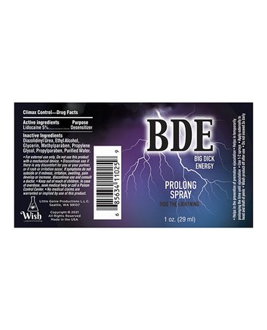 Label of BDE Big Dick Energy Prolong Spray on a white background