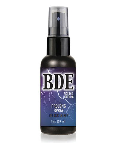 Bottle of BDE prolong spray on a white background