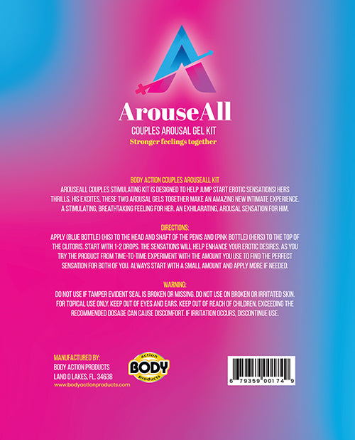 The back label of ArouseAll Couples Arousal Gel Kit. The label is half pink, fading into blue.