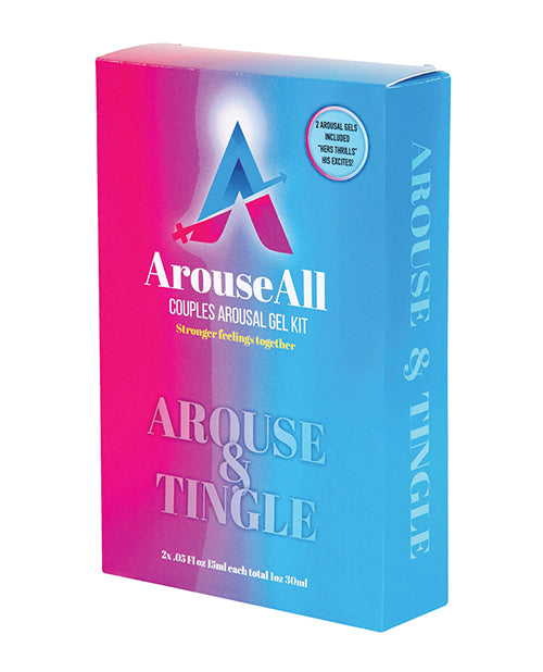 A box of ArouseAll Couples Arousal Gel Kit. The box is half pink, fading into blue. The words "Arouse & Tingle" are under the product name.