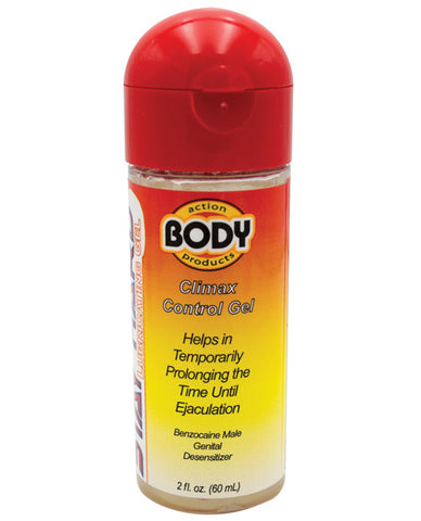 Body Action Climax Control Gel bottle with red cap on a white background