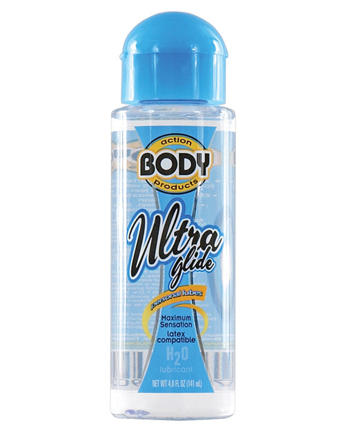 Bottle of Body Action Ultra Glide lubricant on a white background