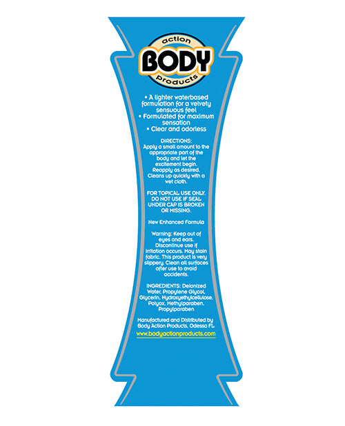 Blue bottle label with text and 'Action Body Products' branding on a white background