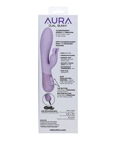 Aura Dual Bunny affordable rabbit vibrator ergonomic dual stimulation specs and details on box