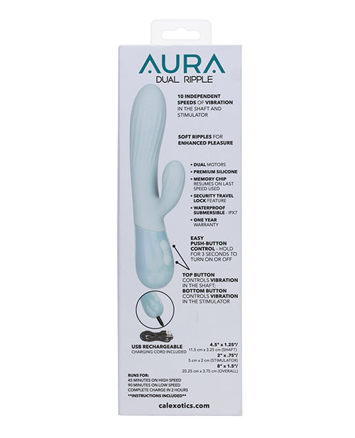 Aura Dual Ripple textured dual stimulation vibrator ergonomic design specs and details on box