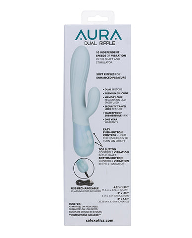 Aura Dual Ripple textured dual stimulation vibrator ergonomic design specs and details on box