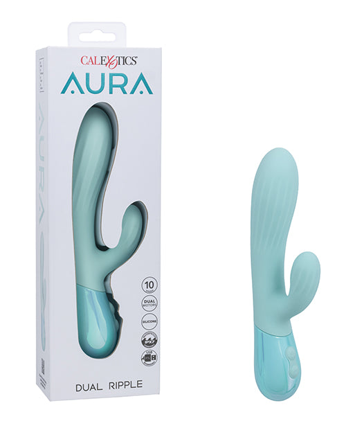 Aura Dual Ripple textured dual stimulation vibrator ergonomic design box and toy side-by-side