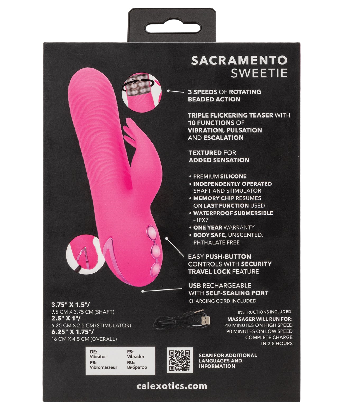 California Dreaming Sacramento Sweetie rotating vibrator with external stimulator back of box