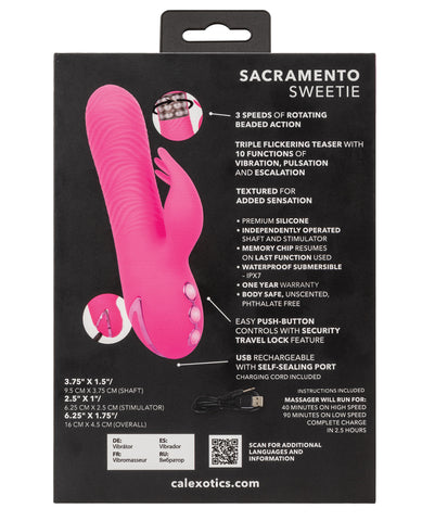 California Dreaming Sacramento Sweetie rotating vibrator with external stimulator back of box