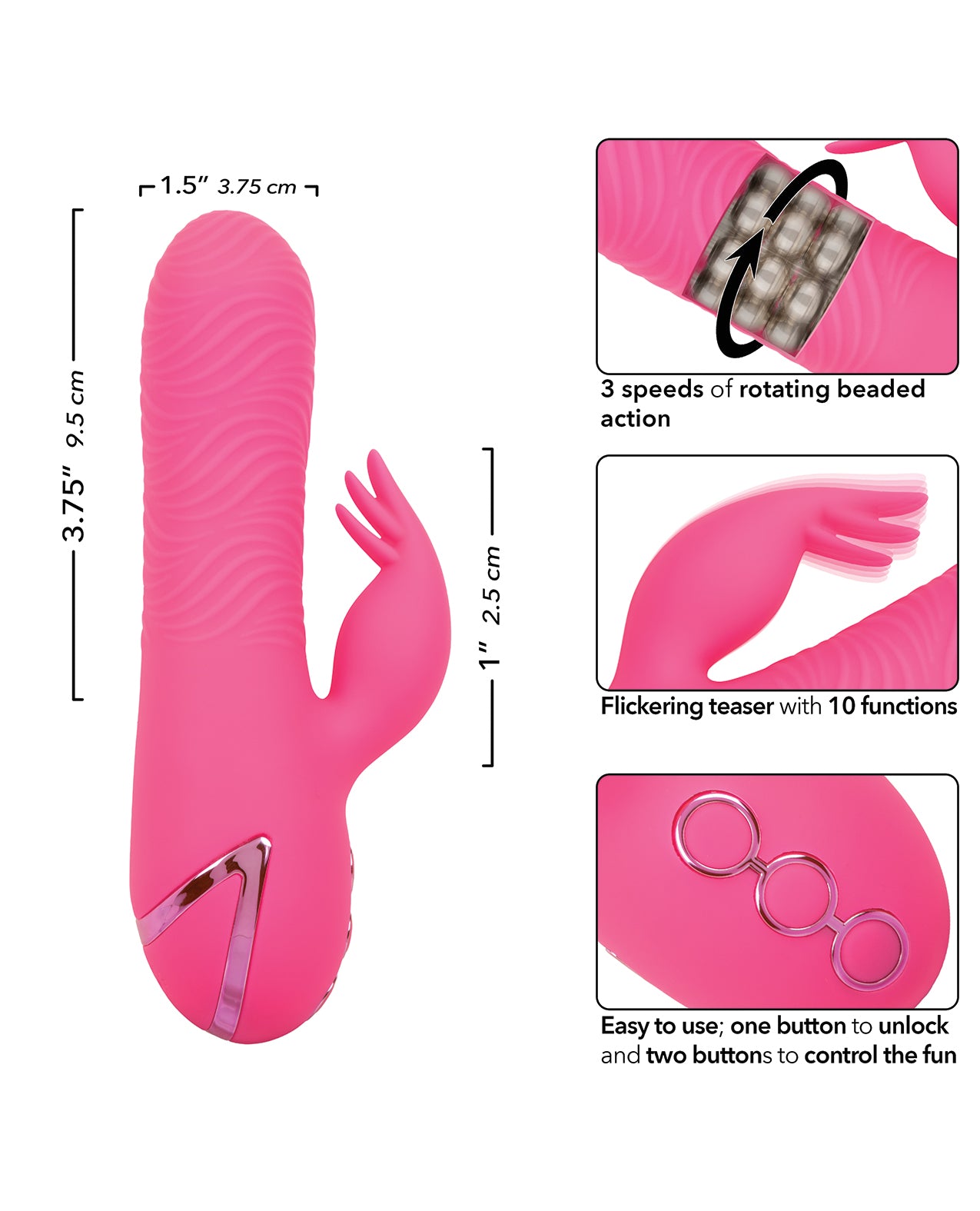 California Dreaming Sacramento Sweetie rotating vibrator with external stimulator specs and features