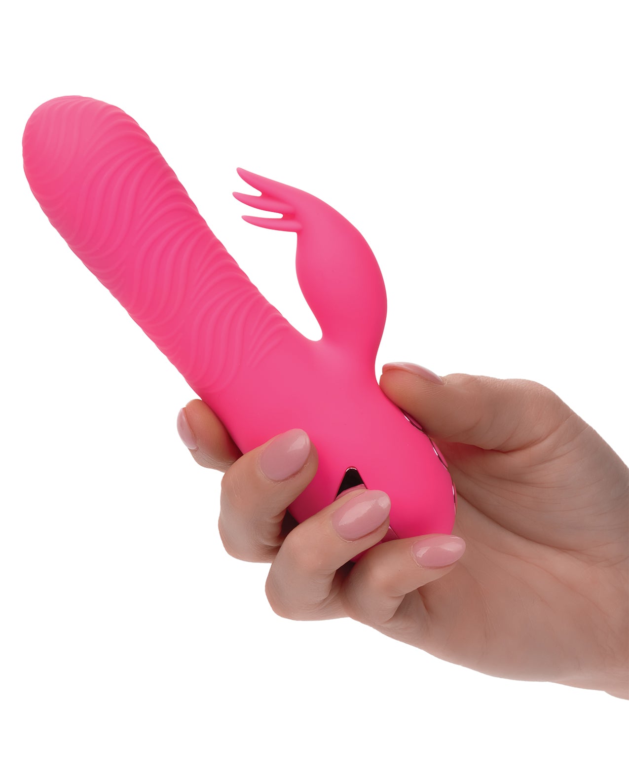 California Dreaming Sacramento Sweetie rotating vibrator with external stimulator held in hand