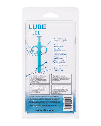 Package of a blue lubrication tube with text on a white background