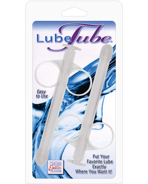 A clear lube tube in blue packaging.