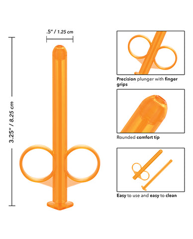An orange lube tube with measurements: 3.25." by 0.5".
