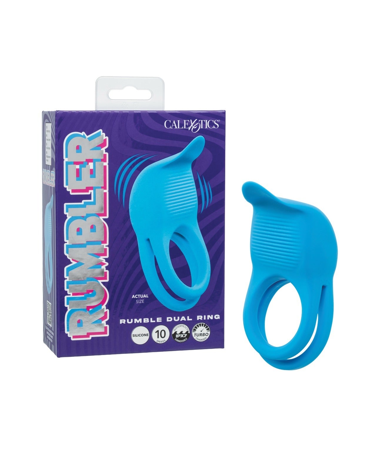 A bright blue dual-ring adult novelty device shown next to its purple retail box. The packaging features the brand name 'CalExotics' and the product name 'Rumbler.'