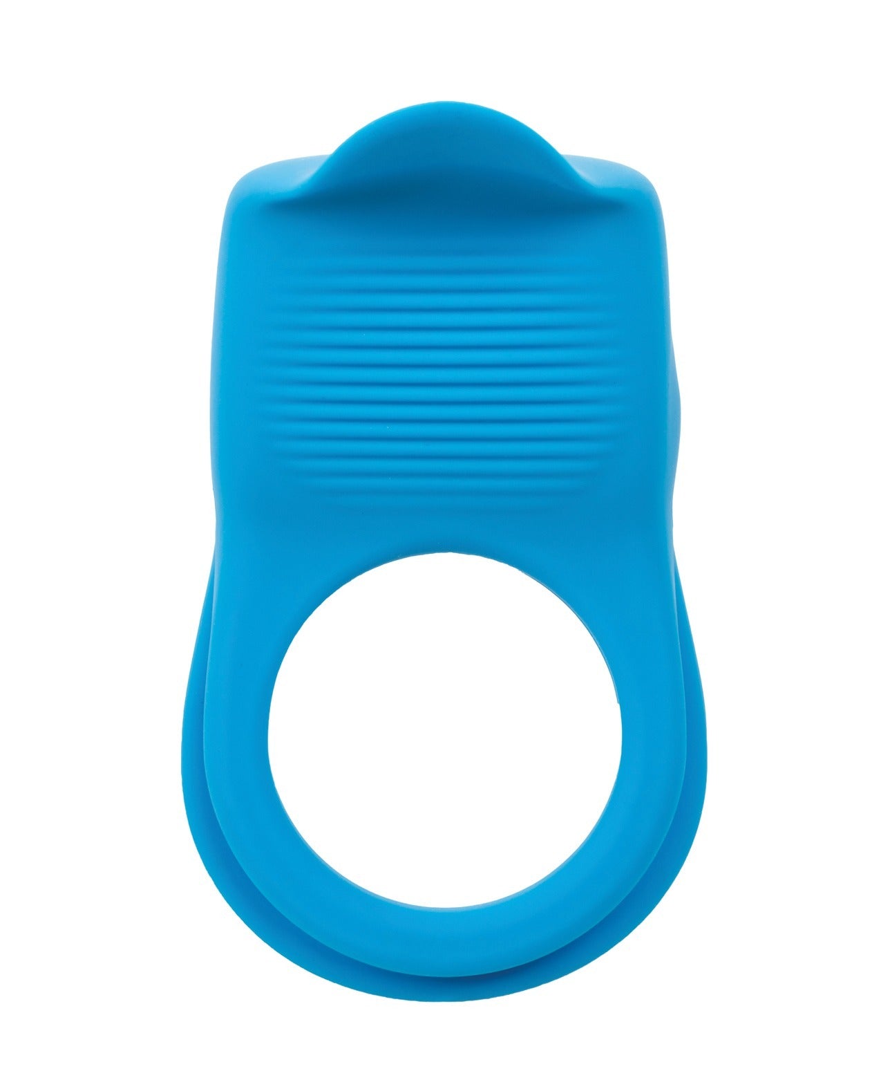 A bright blue silicone cock ring with a textured upper section and a large circular opening, shown against a plain white background.