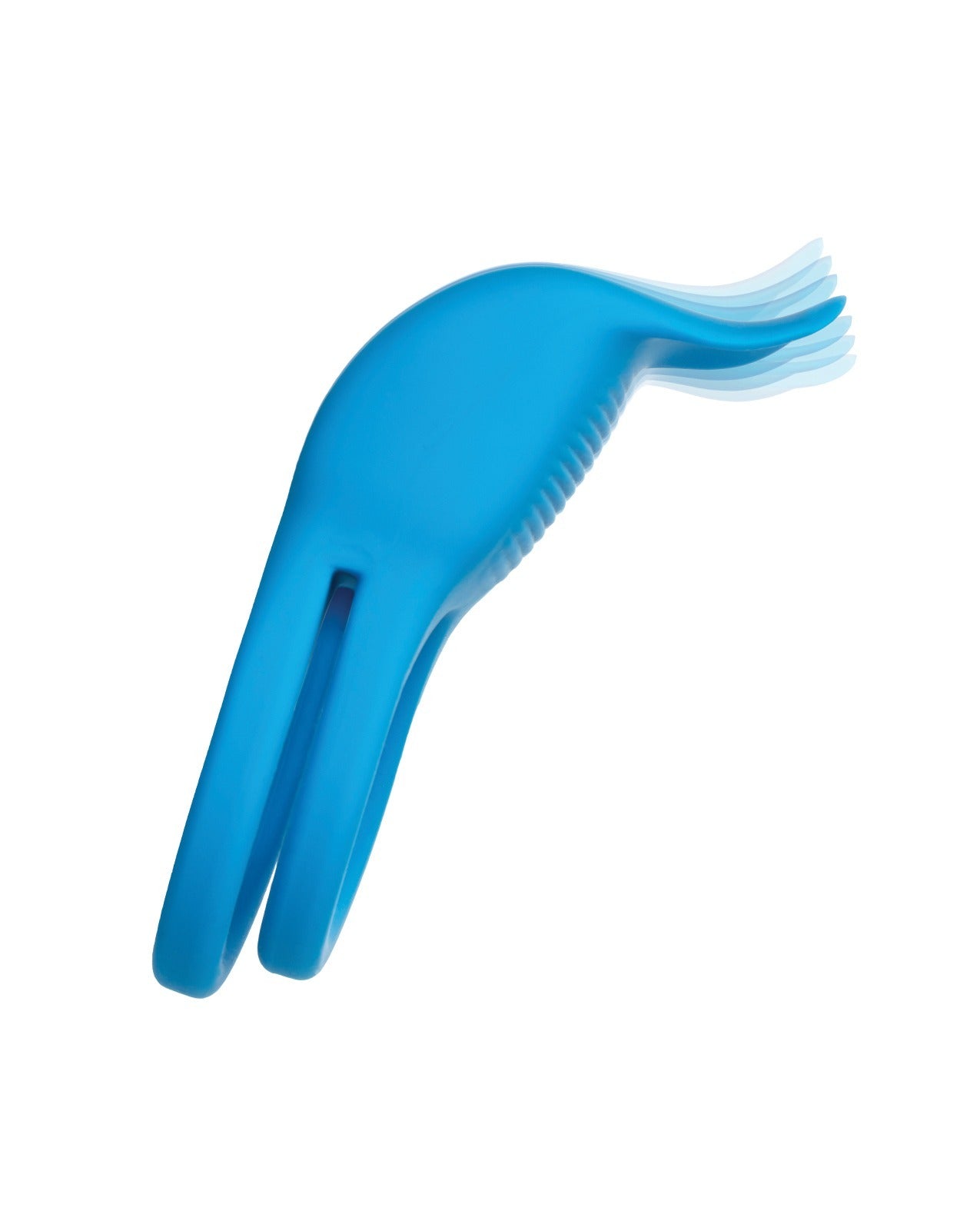 Side view of a blue silicone cock ring with flapping attachment at the top.