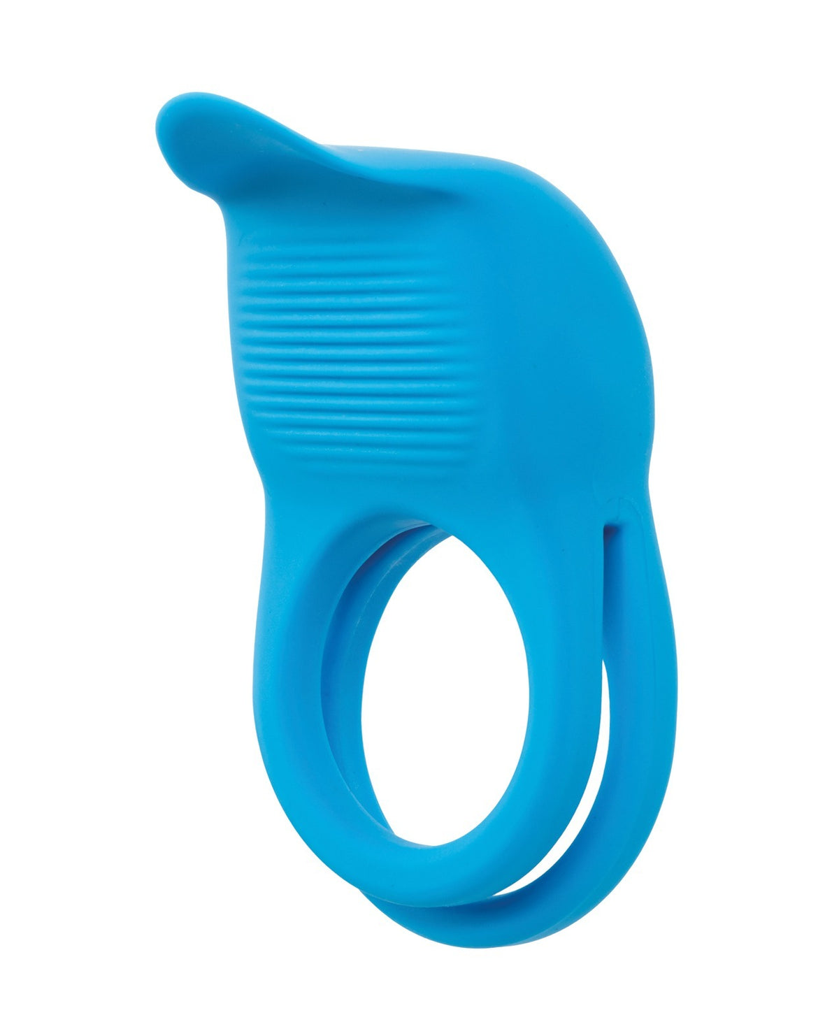 A bright blue silicone adult novelty device with a textured ribbed section and a smooth curved loop, shown on a plain white background.
