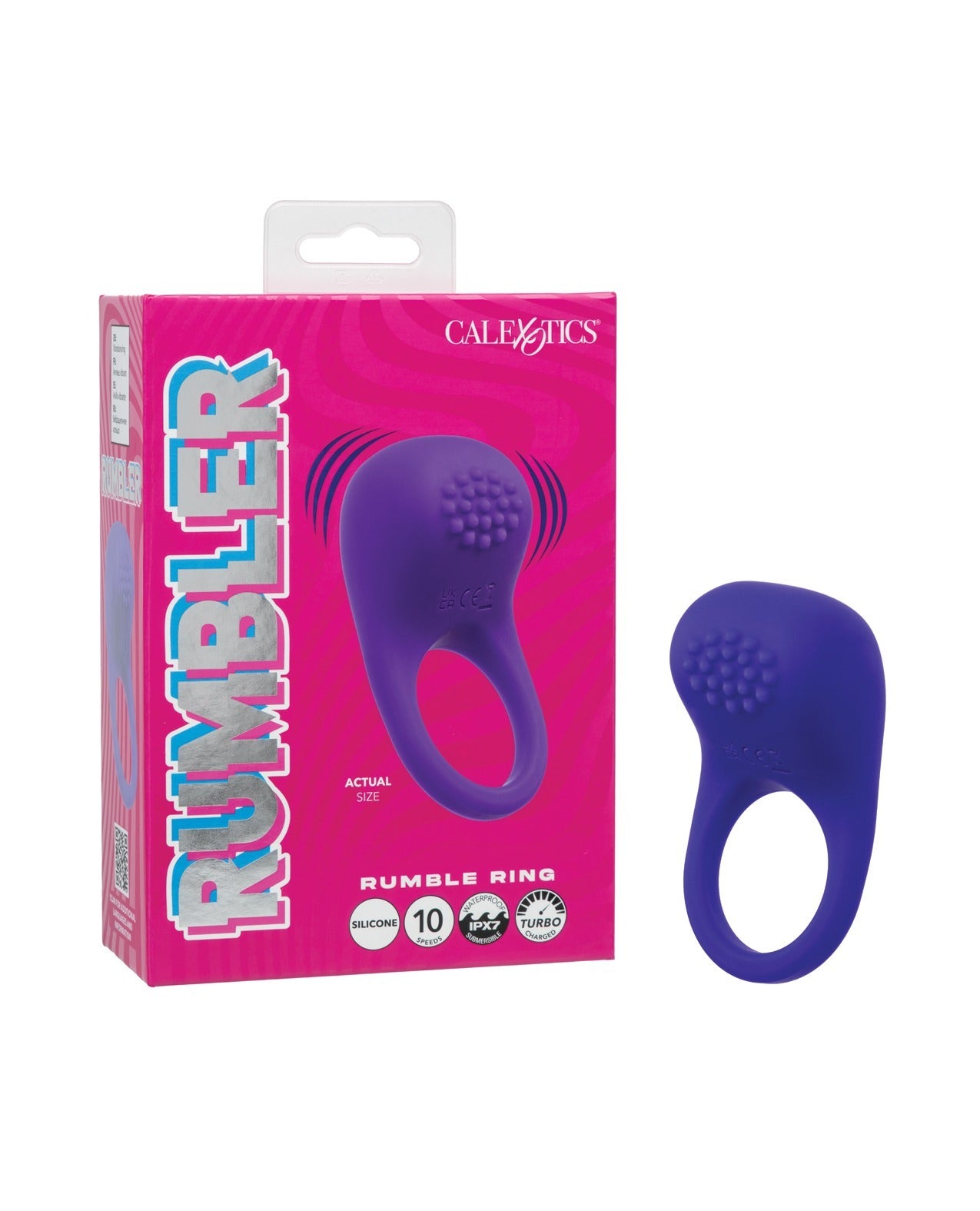 A purple silicone rumbler ring shown next to its pink retail packaging box, featuring the brand name Calexotics.