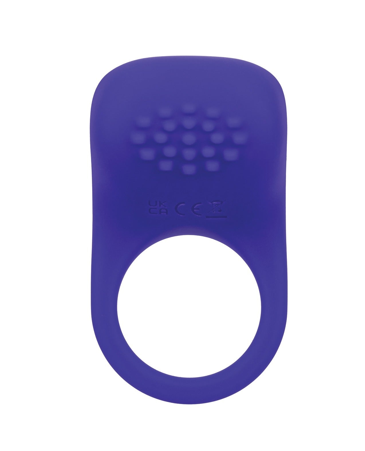 A purple silicone adult novelty product with a textured circular top and a large central ring cutout, shown on a plain white background.