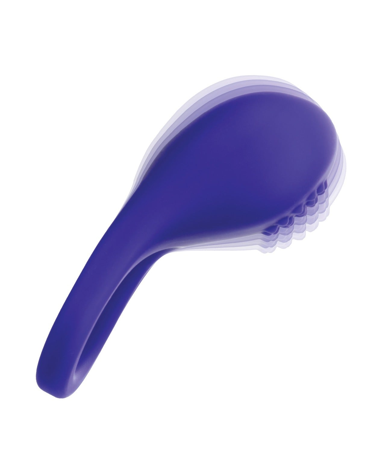 A purple silicone personal massager with a teardrop-shaped head and curved handle, shown from a side profile on a solid white background.