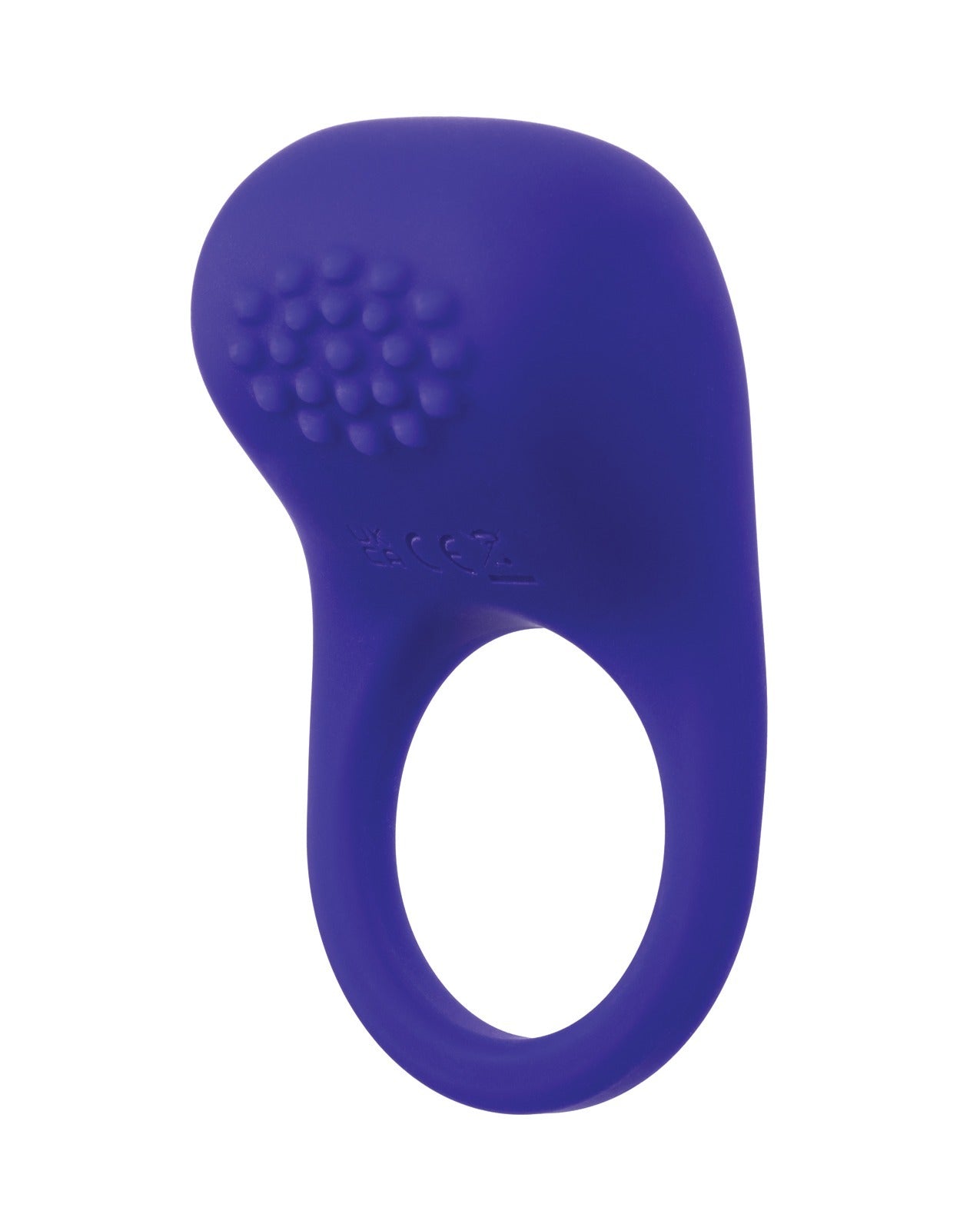 A purple silicone cock ring with a textured bump pattern on the top and a central loop, shown on a plain white background.