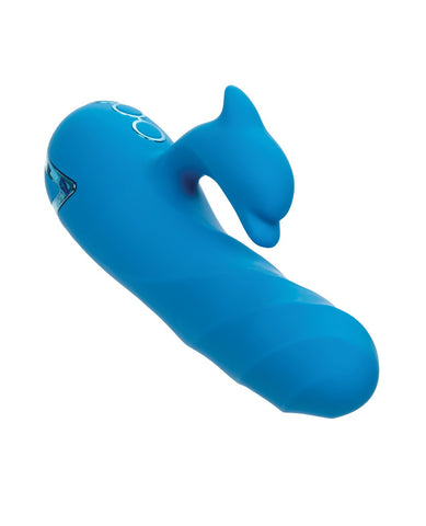 A bright blue silicone adult novelty massager with a dolphin-shaped head and a curved body, shown on a plain white background.