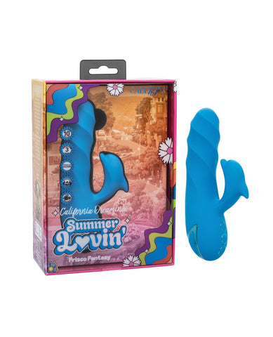 A blue wavy personal massager shown next to its retail packaging box. The box features a colorful retro design with the text 'California Dreamin' Summer Lovin' and 'Frisco Fantasy'.