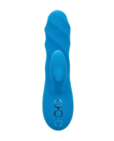 A bright blue silicone personal massager with a wavy textured shaft, a central bulbous stimulation zone, and three circular control buttons on the base, shown against a plain white background.