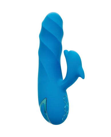A blue silicone adult novelty massager with a spiral textured main shaft and a smaller curved clitoral stimulator, shown on a plain white background.