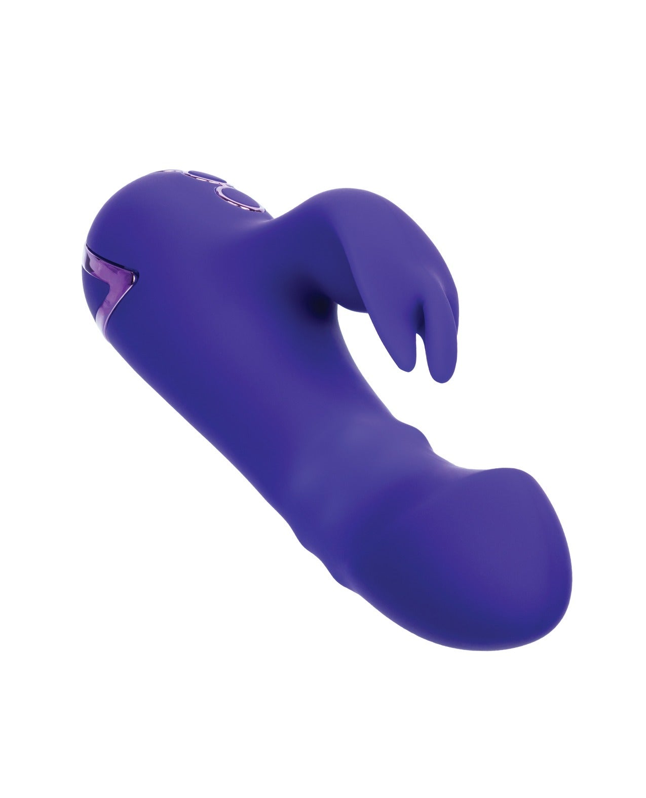 A purple silicone personal massager with a curved shaft, and a small purple arm extension on the handle, shown against a plain white background.