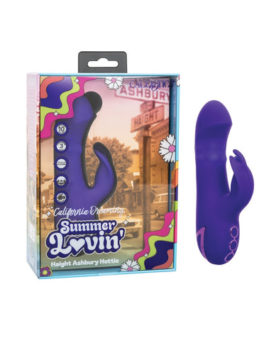 Purple curved handheld intimate massager shown next to its retail packaging box on a plain white background.