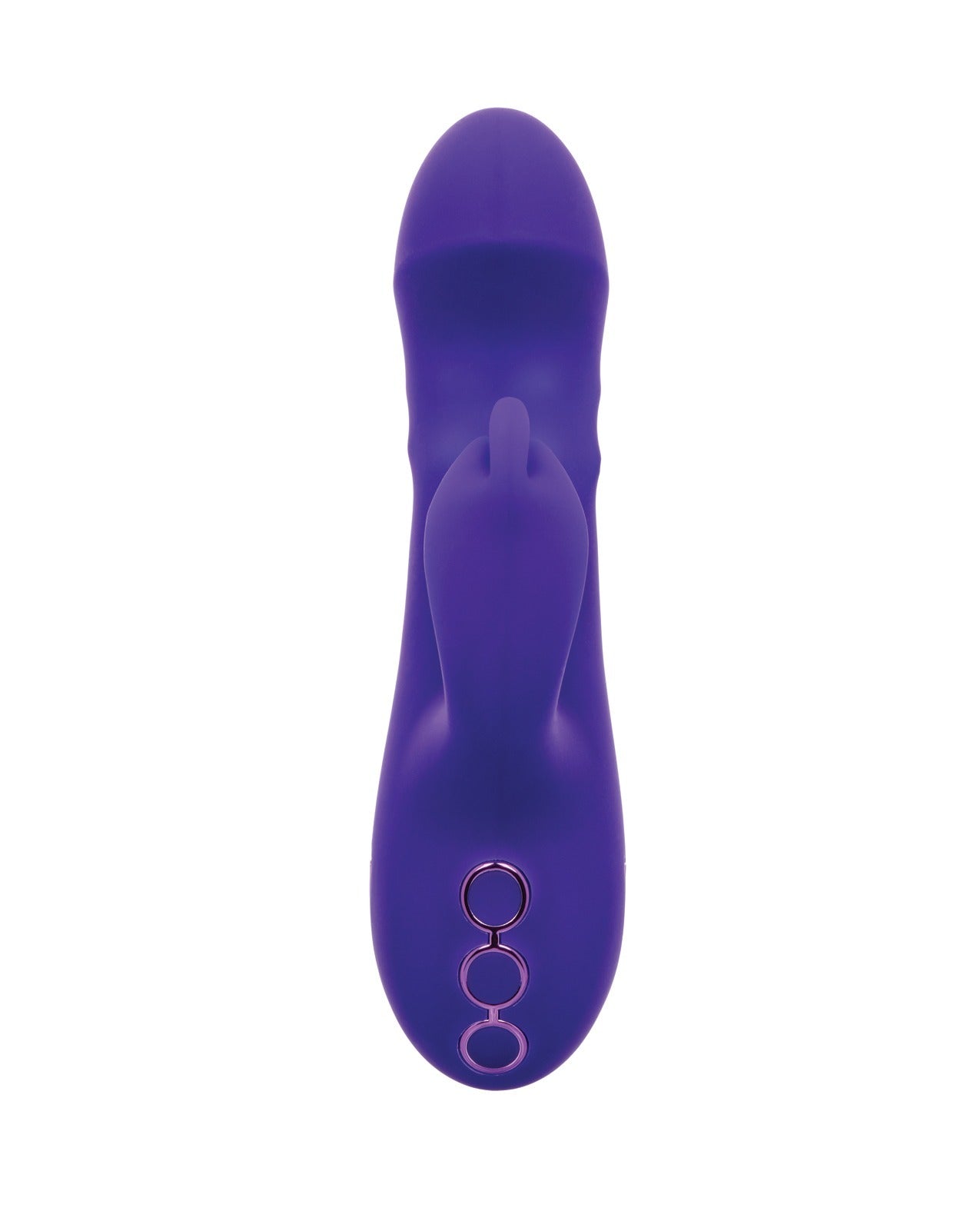 A purple silicone personal massager with a curved shaft and three circular control buttons on the base, shown against a plain white background.