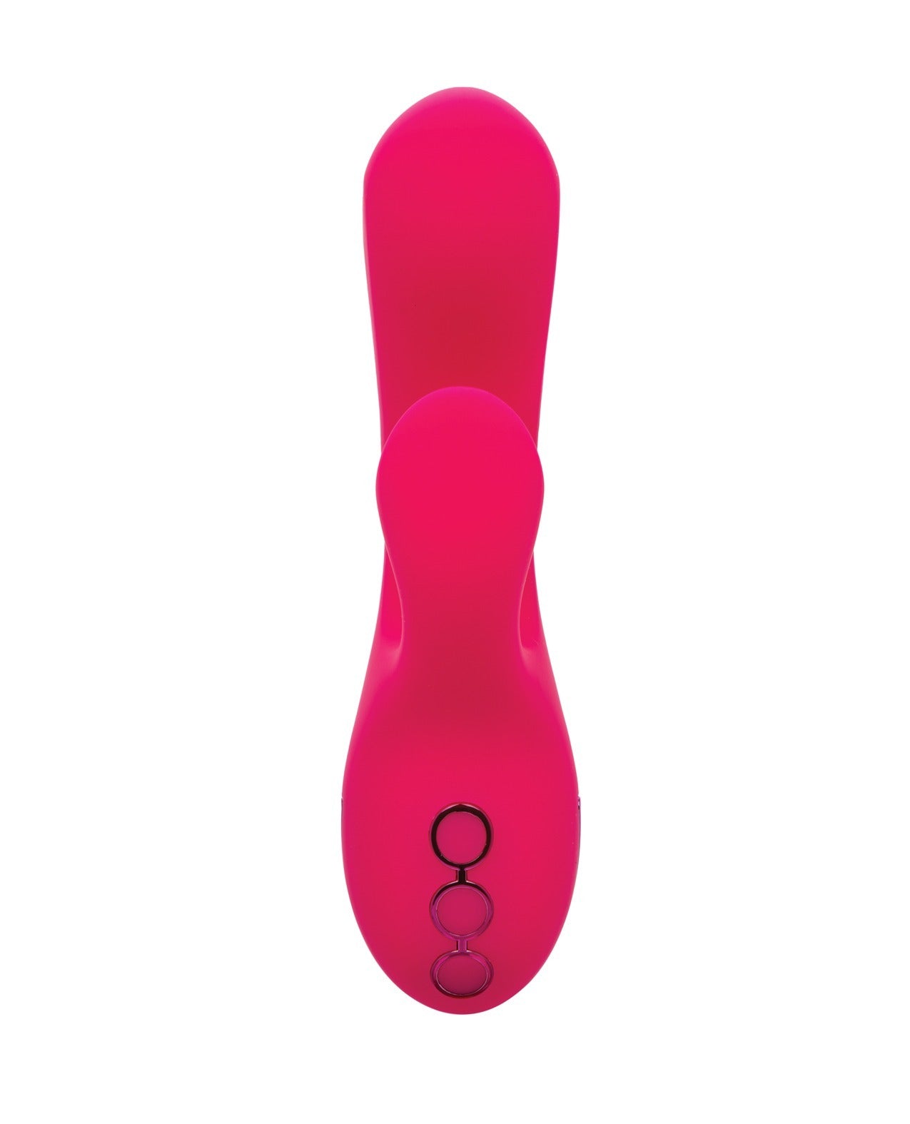 A bright hot pink personal massager with a curved, ergonomic design and three circular control buttons on the underside, shown against a solid white background.