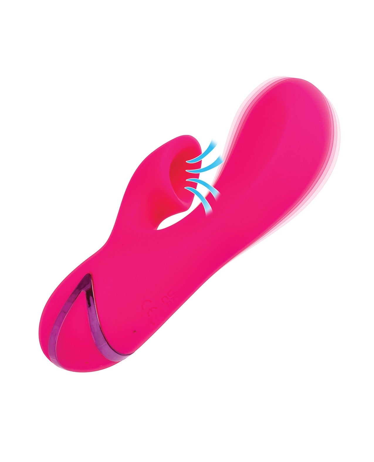 A bright pink personal massager with a curved, ergonomic design, shown on a plain white background with a blue graphic overlay indicating suction.