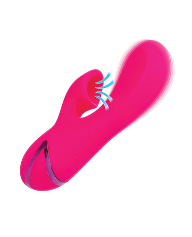A bright pink personal massager with a curved, ergonomic design, shown on a plain white background with a blue graphic overlay indicating suction.